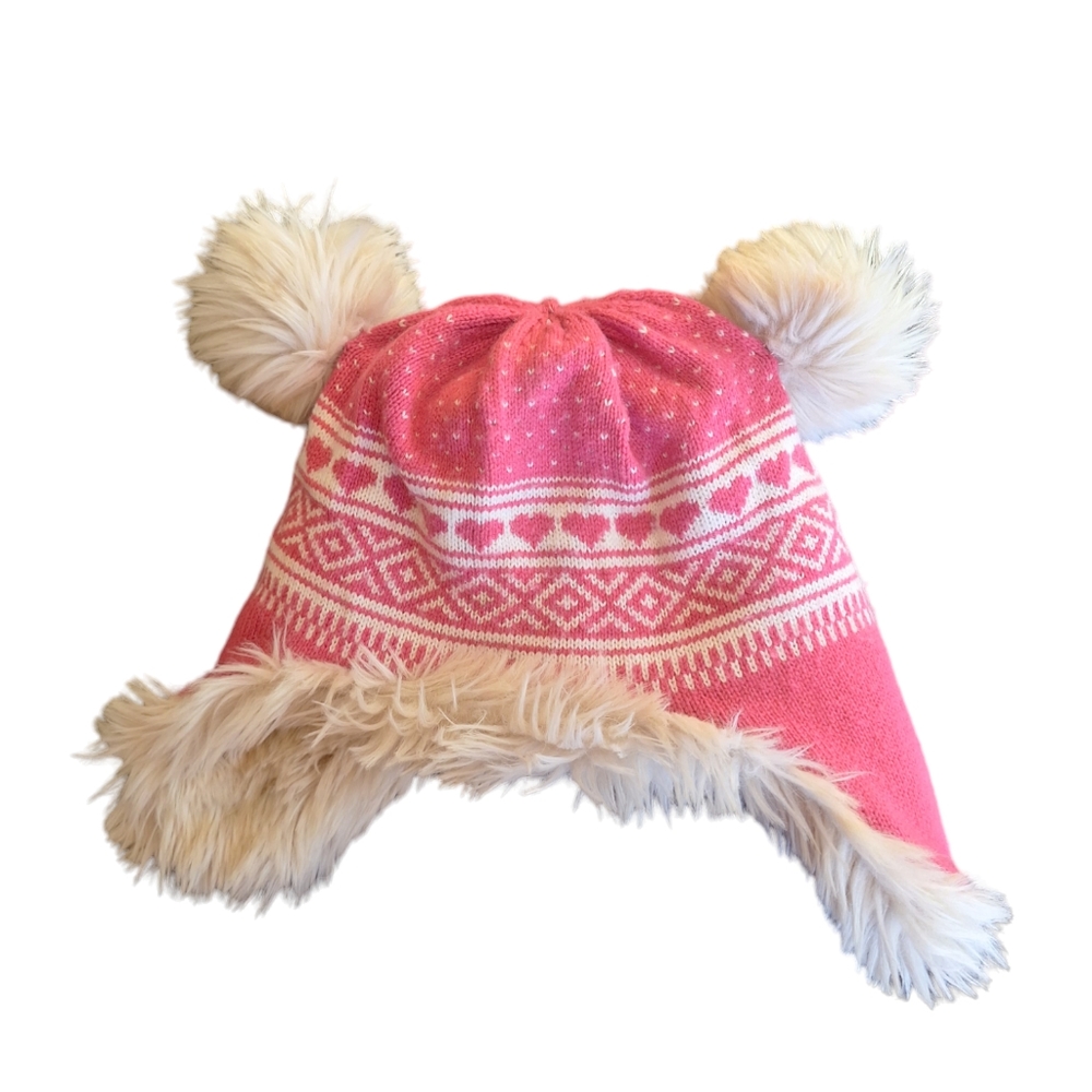 GapKids Little Girl FairIsle Winter Faux Fur Pom Pom Hat M/L Pink